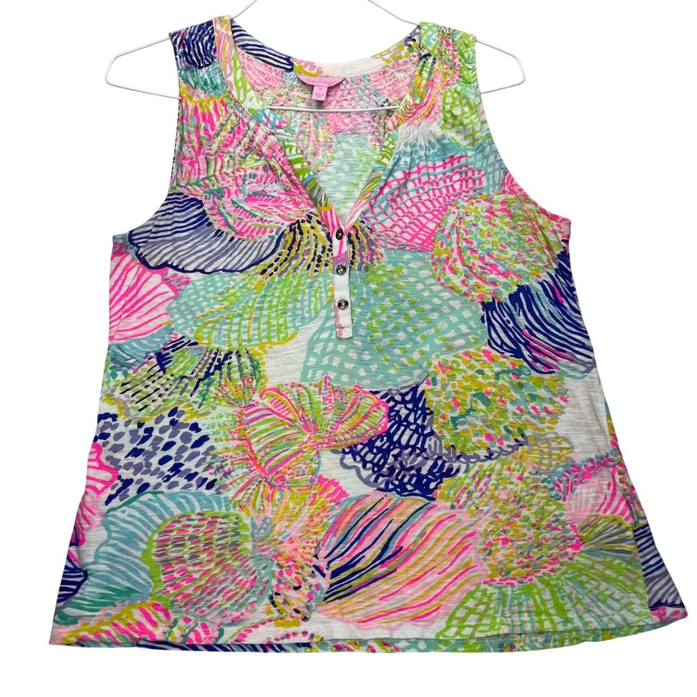 Lilly Pulitzer Top Tank M Pink Blue Cotton Shell Print Henley Sleeveless 97864